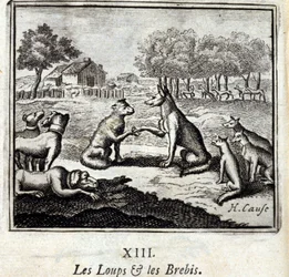 Wolven en schapen. Fabels van Jean de La Fontaine. Illustratie door François Chauveau. Editie van 1728.