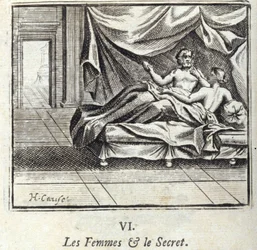 Vrouwen en geheimen. Fabels van Jean de La Fontaine. Illustratie door François Chauveau. Editie van 1728.
