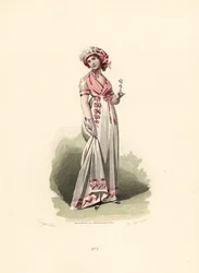 Vrouw in witte jurk, roze fichu en corsage