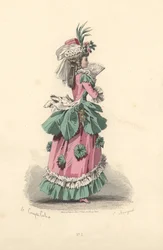 Modieuze vrouw in jurk met rozetten, tijdperk van Marie Antoinette