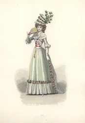 Vrouw in met bloemen versierde outfit, tijdperk van Marie Antoinette.