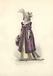 Vrouw in bontgevoerde jas met capuchon, tijdperk van Marie Antoinette