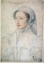 Portret van Francoise Mareschal van het Parc dame van Mitte-de-Miolans (Mitte de Miolans), vrouw van John III van Miolans (circa 1520-1575). Ere-dame van Catherine de Medicis (Caterina de Medici). Tekening met zwarte steen en rood krijt door Francois Cloue