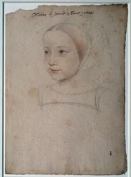 Portret van Marguerite de France (1523-1574) als kind, dochter van Francois I, hertogin van Savoye. Tekening met zwarte steen, bloed versterkt met aquarel door Francois Clouet (1515-1572) 16e eeuw Chantilly, Musee Conde