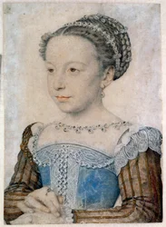 Portret van Marguerite de Valois (1553-1615) of Koningin Margot. Tekening in potlood en bloed door François Clouet (circa 1515-1572)