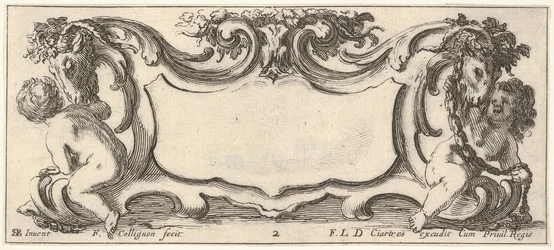 Plaat 2: een cartouche met een kind gezien van achteren naar links en een kind gezien van voren