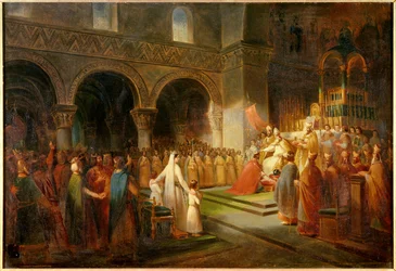 Heilige Pepijn de Korte door Paus Stefanus II in de Abdij van Saint Denis op 28 juli 754