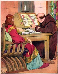 De koning van de Franken Karel de Grote (742-814) in gesprek met Alcuin (731-804), Engelse monnik uit York, voorloper van de schoolhervorming, Aken 782