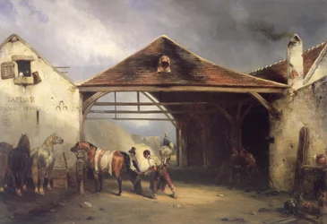 Een hoefsmid die een paard beslaat