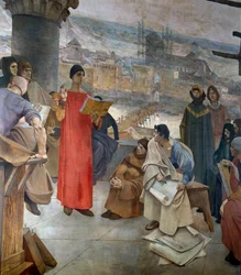 Abelard en zijn school op de Sainte Genevieve berg in Parijs. De meester Pierre Abailard