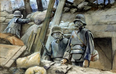 Eerste Wereldoorlog: Duitse soldaten met loopgraafpantser en gasmasker, augustus 1917