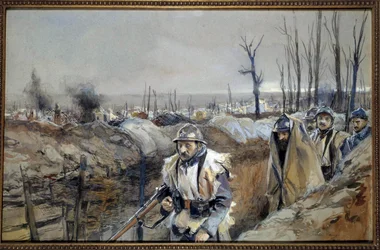 Eerste Wereldoorlog: Uitzicht op Souchez (in Artois), een loopgraaf op 18/12/1915