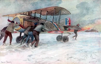 Grondpersoneel dat een Franse SPAD onderhoudt op een besneeuwd veld, 1918, 1926.