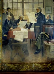 Schrijvers in de 19e eeuw: Edgar Quinet, Abel François Villemain, François Guizot, Jules Michelet, Victor Cousin, Ernest Renan - canvas maroufflée door François Flameng (1856-1923), Universiteit van de Sorbonne, Parijs