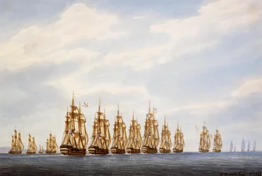 Vertrek van een squadron van negen schepen, drie fregatten en drie korvetten, aquarel door Francois Roux, Frankrijk