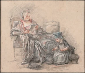 Vrouw leest en een meisje speelt (vermoedelijk de markiezin de Pompadour met haar dochter Alexandrine), 1748