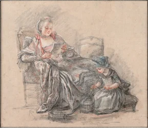 Vrouw die leest en een meisje dat speelt Markiezin de Pompadour met haar dochter Alexandrine, ca. 1748