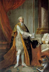 Portret van Lodewijk Stanislas Xavier van Frankrijk (toekomstige Lodewijk XVIII), Graaf van Provence (1755-1824) in groot kostuum van de Orde van de Heilige Geest en presenteert de Privileges van de Stad Angers