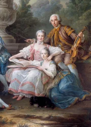 De familie van Louis Francois du Bouchet, Markies de Sourches en Grootprevot van Frankrijk (detail). Schilderij door Francois Hubert Drouais (1727-1775) 1756 Sun. 3,24 x 2,84 m