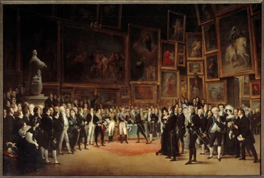 Koning Karel X (1757-1836) reikt prijzen uit aan kunstenaars na de tentoonstelling van 1824. Schilderij door Francois Joseph Heim (1787-1865) 1827