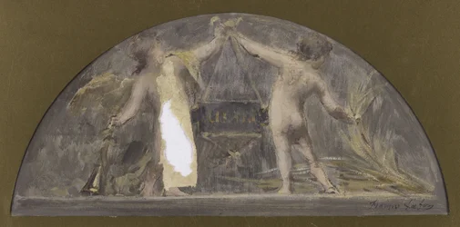 Schets voor de eetkamer van het Stadhuis van Parijs, een kind met een trompet en het andere met een schoven die een grote doos optilt