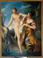 Een badende vrouw en haar gezellin. Schilderij van François Le Moyne (1688-1737). 18e eeuw. Afmetingen 1,63 x 1,17 m. Tours, Musée des Beaux-Arts