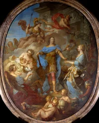 Koning Lodewijk XV (1710-1774) brengt vrede aan Europa. Allegorie ten tijde van het Verdrag van Sevilla, de godin Minerva is afgebeeld. Schilderij door François le Moyne (1729)
