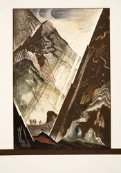 Prometheus wordt aan de Rots genageld door Hephaestus, Kratos en Bia, uit Prométhée Enchaîné van Aeschylus, uitgegeven 1941