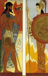 De Odyssee van Homerus: de goden Poseidon en Athena, gegraveerd door Theo Schmied, kleurenlithografie, 1930-33
