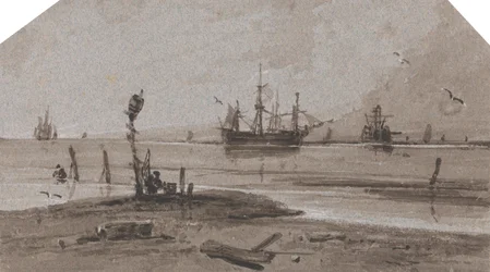 Schepen voor anker in een kalme zee