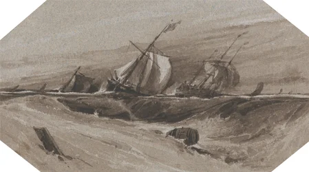 Schepen die overhellen in een stormachtige zee