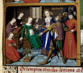 Scènes uit het leven van Karel de Grote: de keizer bezoekt vrouwen die wol spinnen. Miniatuur uit het manuscript 
