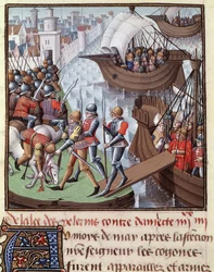 Zevende Kruistocht: de vloot van de kruisvaarders geleid door Saint Louis vanuit Damiette in 1249