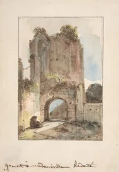 Monnik zittend voor een verwoeste poort, n.d.