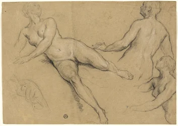 Blad met studies: Drie vrouwen en een hand (recto); Schetsen van mannelijke naakten, hoofden en handen (verso)