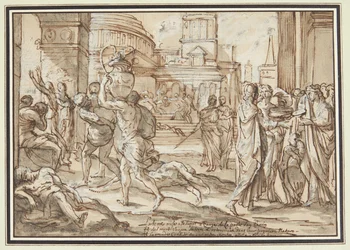 Plundering van een stad. Een plein tussen grote gebouwen. Op de voorgrond links liggen doden, tussen hen mensen die schatten wegdragen. Rechts een groep vrouwen met kostbaarheden in hun handen. Onderaan een verklarende inscriptie