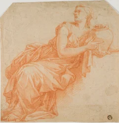 Geklede vrouw met urn