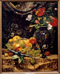 Bloemen en vruchten. Schilderij door Francois Vernay (1821-1896)