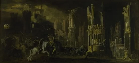Architectonische fantasie met de bekering van Saul (Sint Paulus)