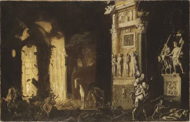 De brand van Troje met Aeneas die Anchises draagt, door Nome, Francois de