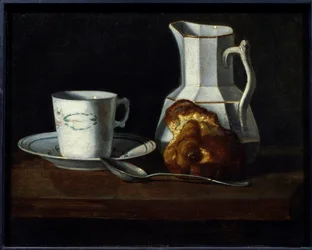Stilleven met een brioche, mok, melkkan en brioche