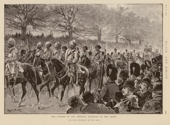 Koningin Victoria en de processie door Hyde Park om het Imperial Institute te openen (gravure)