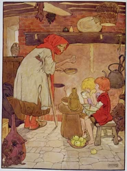 Hans en Grietje worden gevoed door de Heks, illustratie uit 