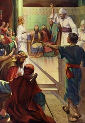 Jezus voor Kajafas (kleur litho)