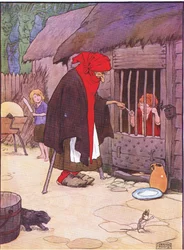 De oude vrouw sloot Hans in een stal op, uit Hans en Grietje gepubliceerd door Blackie & Son Limited, ca. 1940