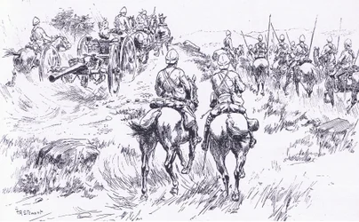 De cavalerie en artillerie van Buller rukken op naar Bergendal, illustratie uit Na Pretoria: De Guerrillaoorlog, 1902