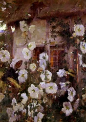 "Vrouwen in een tuin bij schemering. Schilderij van Frank Bramley (1857-1915)