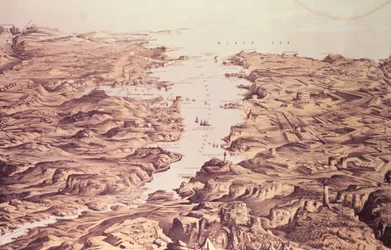 Panoramisch uitzicht op de noord- en zuidzijde van de haven en haven van Sebastopol, ontworpen en gelithografeerd door Thomas Packer, uitgegeven door Stannard en Dixon, 1855