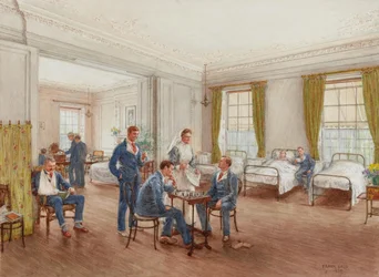 Herstellende soldaten spelen schaak in een zaal in Sulhampstead House Hospital, Berkshire, c.1918