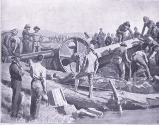 Een kanon over een nare plek krijgen, illustratie uit Na Pretoria: De Guerrillaoorlog, 1902